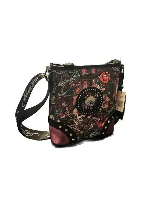 Ed Hardy Tattoo Print Skull & Roses Crossbody Bag with Rhinestone Detail - Picture 1 of 7